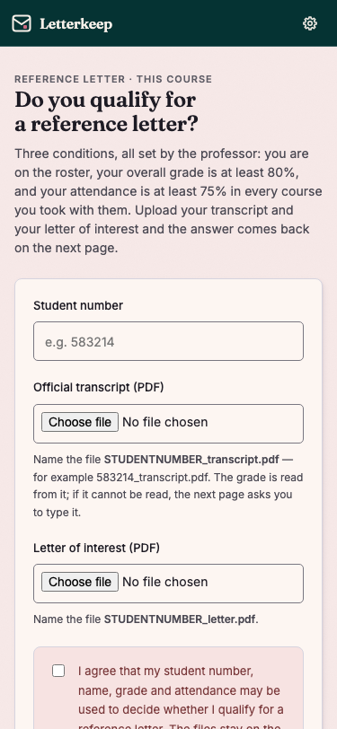The student page on a phone: the three conditions, then fields for the student number, the transcript and the letter of interest.